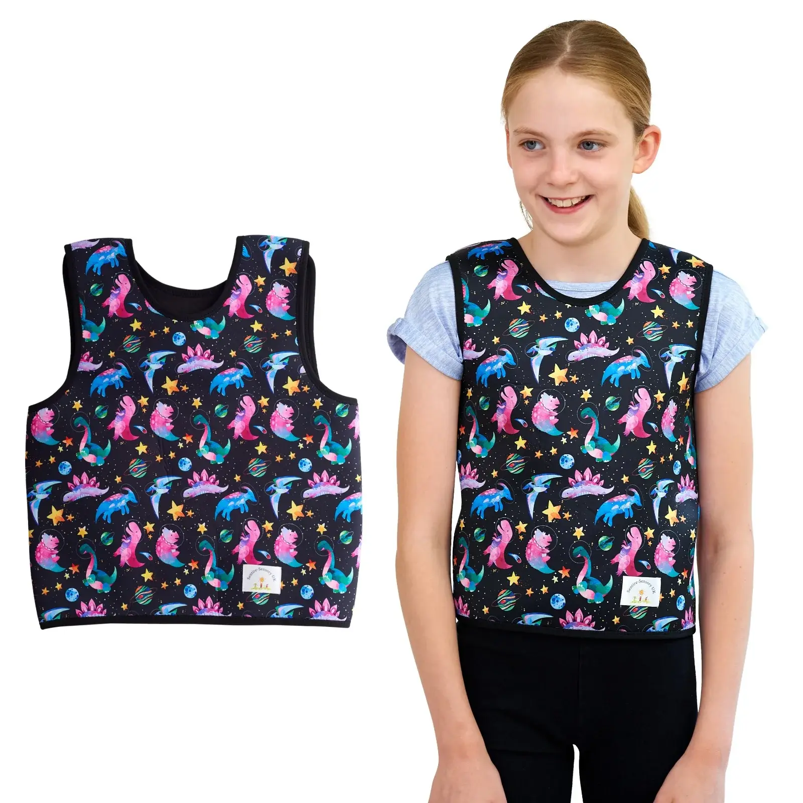 Girl wears colourful dinosaur print weighted vest